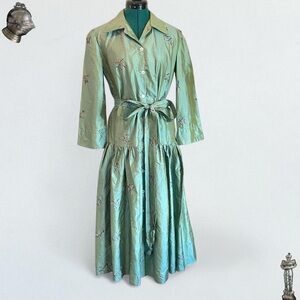 Vintage handmade embroidered butterfly drop waist button down dress